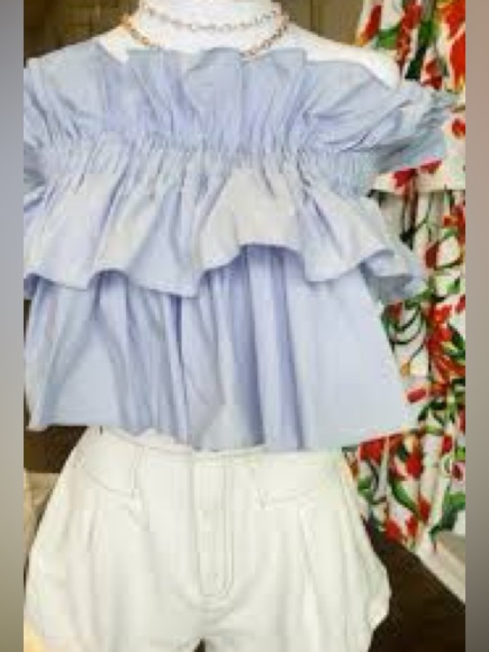 Smocked Ruffle Off-Shoulder Crop Top in Light Blue